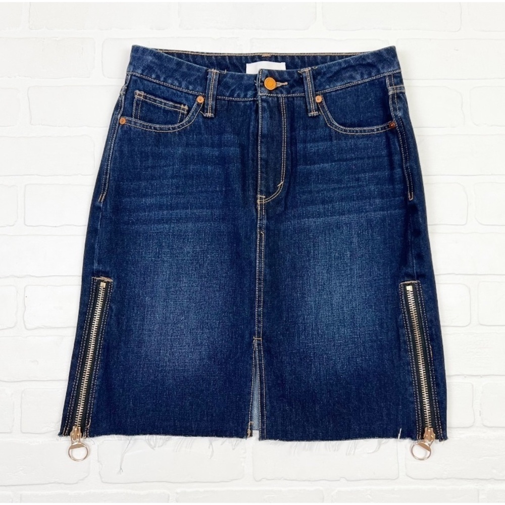 Habitual Side Zip Denim Jean Skirt Raw Fray Hem Dark Wash Blue Size 27